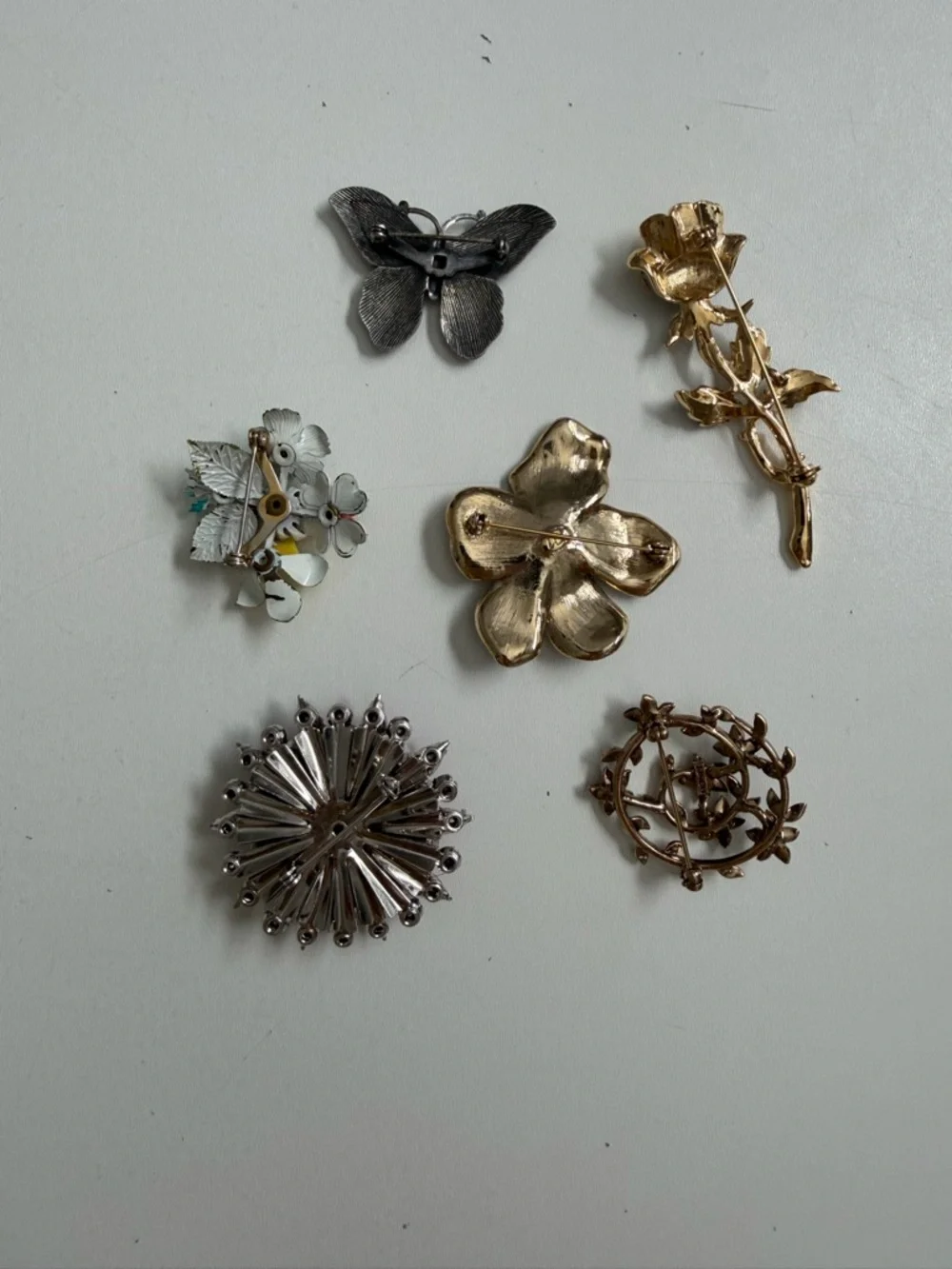 Vintage Y2K Brooches Flower Butterfly Rose Gems Silver Gold Pink Purple Set 6